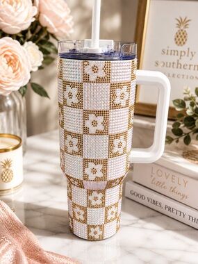 Simply Southern Sequin White/Gold Checkered Stainless Steel Tumbler 40 oz. New